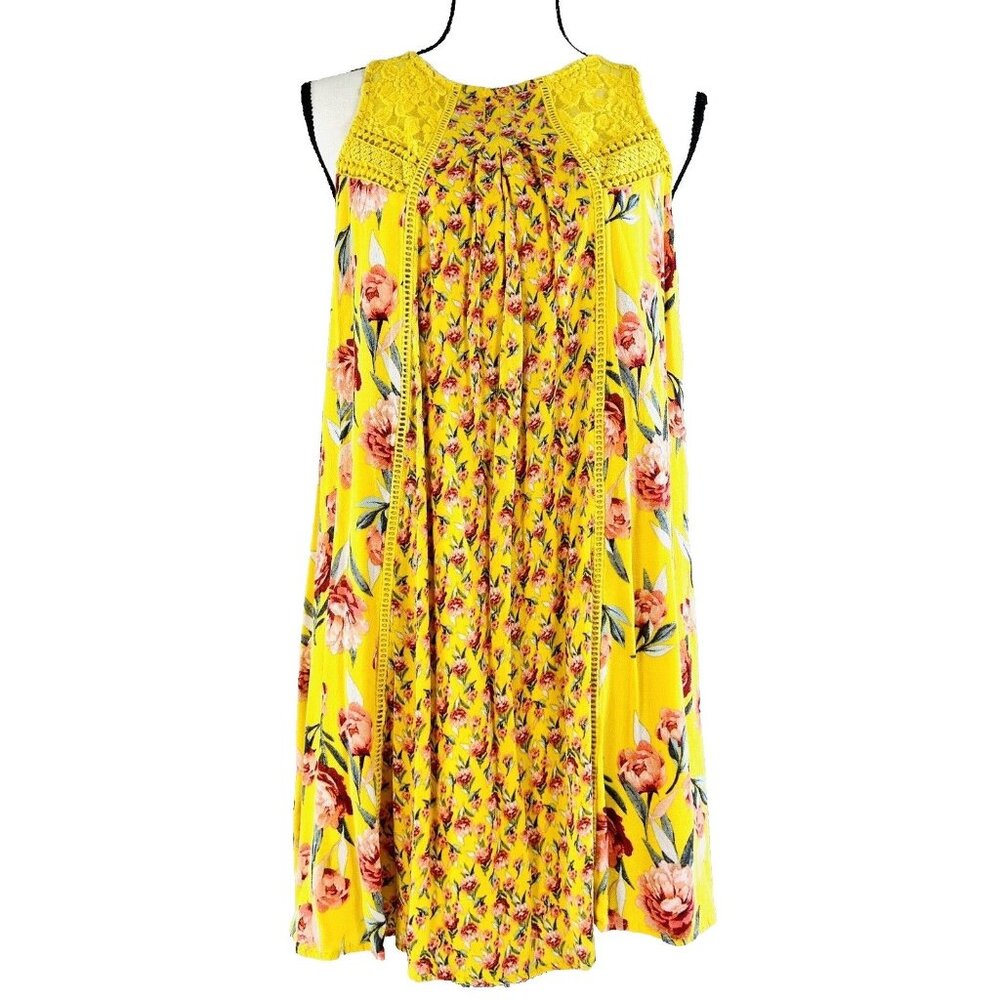 Taylor & Sage Mini Dress Sleeveless Lace Halter Keyhole Back Yellow Floral L